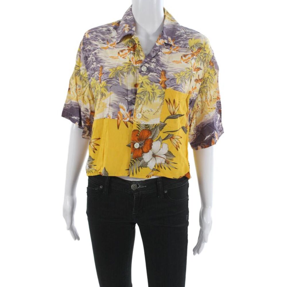 Riley Womens Cropped Floral Button-Up Short Sleeve Rayon Purple Size M